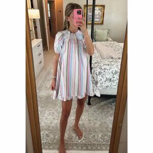 Hill House Multi-Stripe Mini Dress in Pastel Blue, Pink, Green